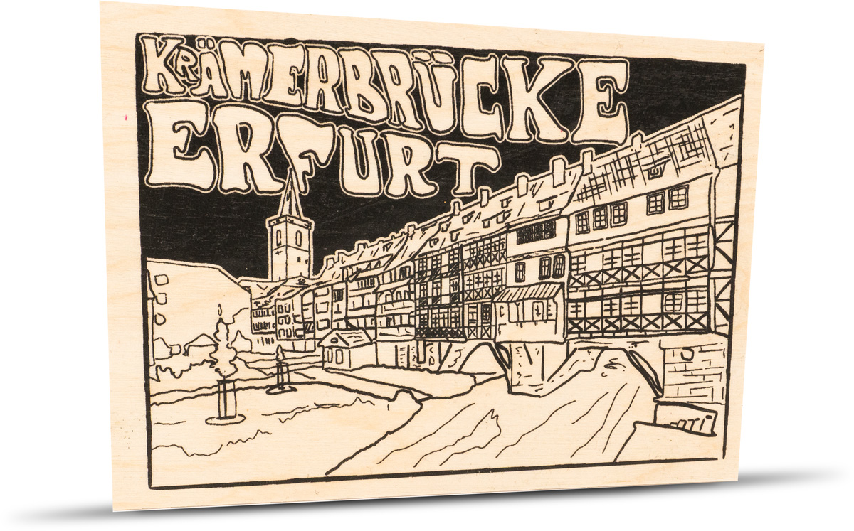 Handgezeichnete Holzpostkarte mit Erfurter Krämerbrücke